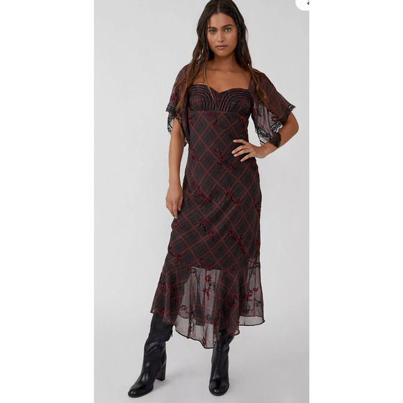 NEW FREE PEOPLE PLAID FALLEN FLOWERS MIDI DRESS SIZE 0 - Picture 3 of 14